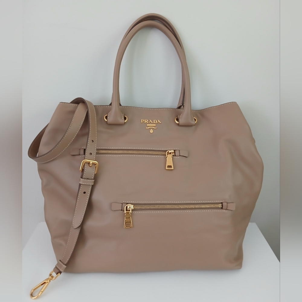 Prada Taupe Leather Tote Bag with Gold Hardware